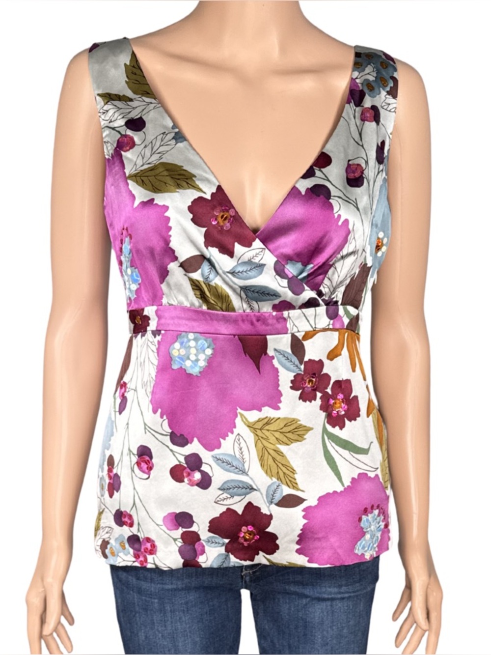 NWT Laura Ashley 100% Silk Floral Sequin Babydoll Y2K Sleeveless Top